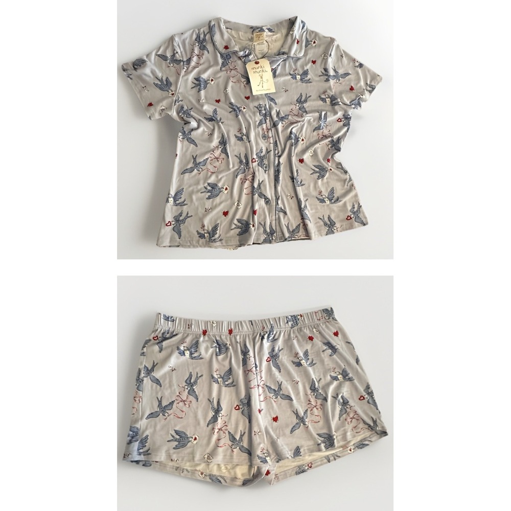 Munki Munki Pajama Set Womens XL Pigeon Bird Heart‎ Print Coquette Button NWT